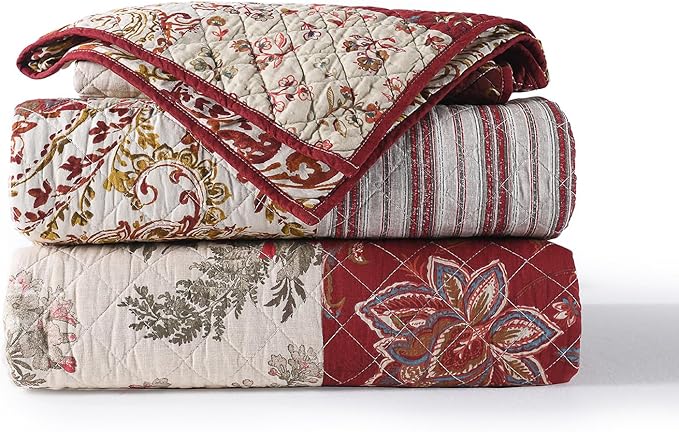 mixinni 100% Cotton Quilt Set King Size, Reversible Patchwork Lightweight Quilted Bedspread Coverlet Set Boho Burgundy Floral Bedding Comforter Set with 2 Pillow Shams for All Season (106"x98")