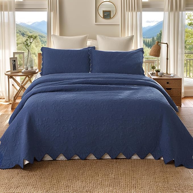 Brandream Queen Size Quilt Set Cotton Navy Blue Farmhouse Florals and Vines Matelasse Coverlet Set Scalloped Edge Quilts 3-Piece