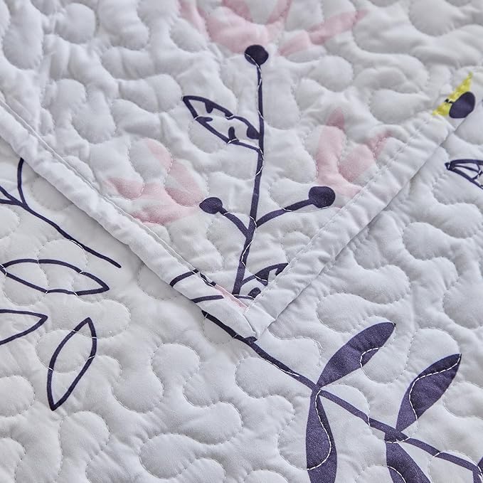 mixinni 3-Piece Quilt Set Flower Leaf Bedspread Lightweight Coverlet Set Garden Style Floral Printed Farmhouse Quilted Bedding Set with Shams for All Season, Queen Size