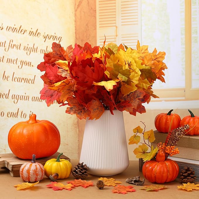 Tigeen 8 Pack Fall Leaves Decor Artificial Maple Leaves Stems Branches Faux Fall Fake Autumn Leave for Thanksgiving Table Centerpieces Decoration