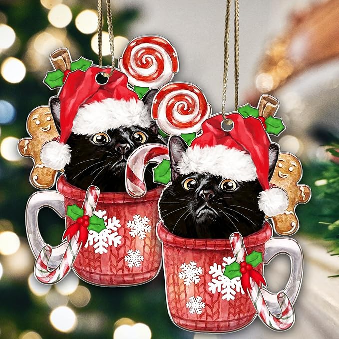 Acrylic Cat Christmas Ornament - Cute Black Kitten Decoration for Cat Lovers - 2024 Xmas Tree Hanging