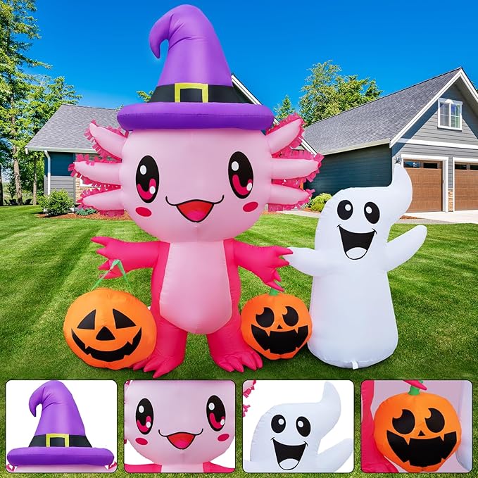 Halloween Inflatable Outdoor Decorations 5.7FT Axolotl Ghost Hold Pumpkin Inflatables Blow Up Yard Decorations with LED Lights Halloween Outside Lawn Party Decor (Axolotl Hold Ghost Inflatables)