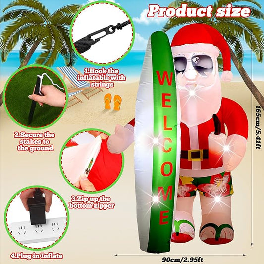 VIHOSE 5.4 Ft Christmas in July Inflatable Decorations Hawaiian Tropical Santa Claus on Beach Blow Up Yard Decor Build in Led Lights for Indoor Outdoor Garden Lawn Holiday Party