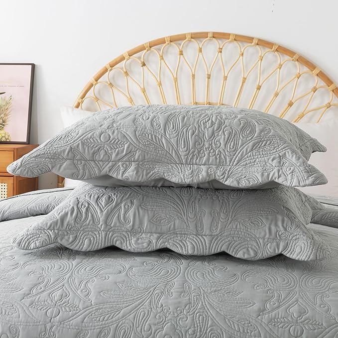 HoneiLife Quilt Set Queen Size - 3 Pieces Queen Quilt Bedding Set Microfiber Quilt Sets Lightweight Bedspreads Reversible Coverlets Retro Bed Cover Floral Bedding Set All Season Quilts-Light Grey