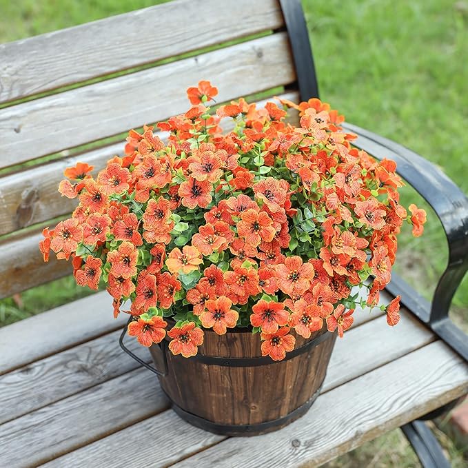 Artificial Fall Flowers Faux Mums for Outdoor Indoor Garden Home Decoration, Faux Flower Daisy with Eucalyptus Leaves Fake Mums Plants Greenery Boxwood Porch Patio, 12 Bundles (Orange)
