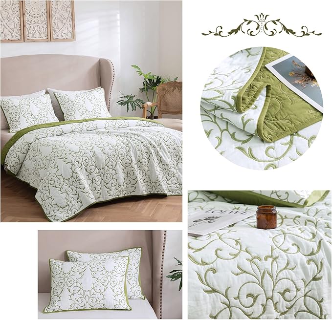 mixinni Reversible 3-Piece Green Embroidery Pattern Elegant Cotton Quilt Set with Embroidered Decorative Shams Soft Bedspread&Coverlet Set-King Size