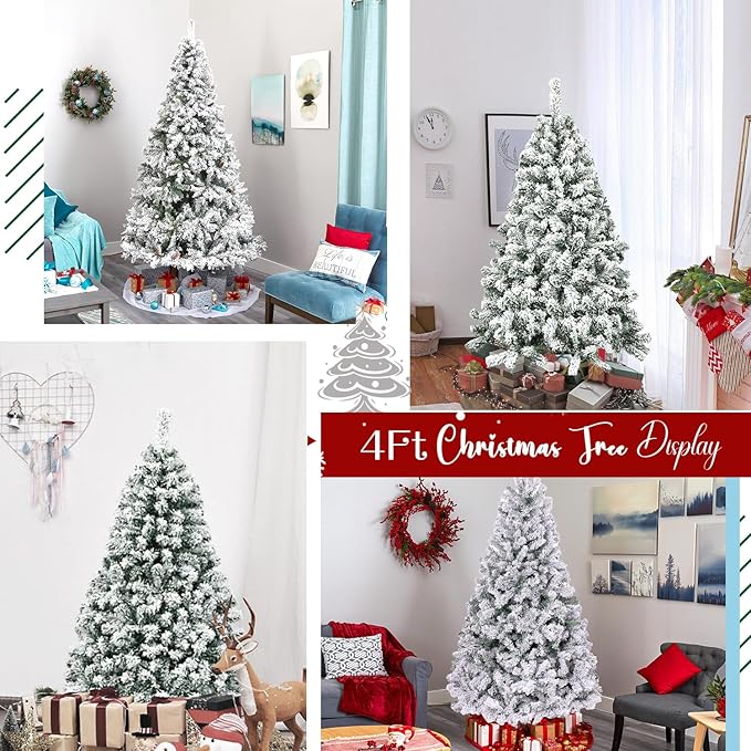 4ft Flocked Artificial Christmas Tree, Arbol de Navidad with 450 Branch Tips, Fake Christmas Tree, Premium Spruce Xmas Tree with Fold-Able Metal Base Stand