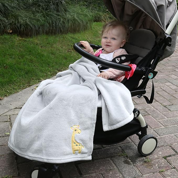 DaysU Plush Flannel Baby Blanket Super-soft Lightweight, Embroidered Fleece Baby Blanket for Unisex, Oversized Bed Throws for Kids and Children, Grey Giraffe, 50”x60”