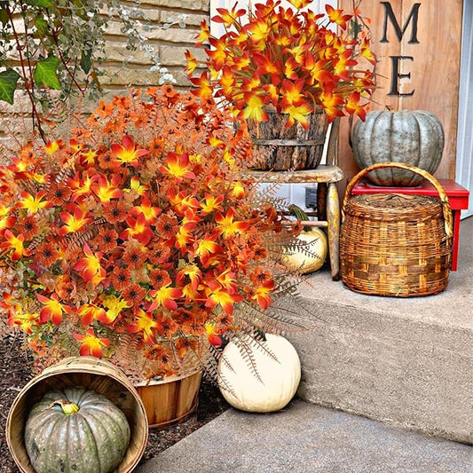 64 Pcs Artificial Fall Flower Outdoor Fake Fall Flowers UV Resistant Faux Fall Eucalyptus Plants for Home Porch Planter Garden Thanksgiving Fall Decor