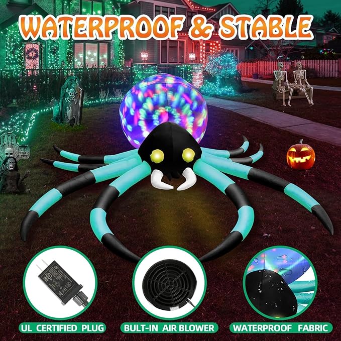 12Ft Halloween Inflatables Decorations Spider Built-in 7-Colors Changing LED Lights, Giant Blow ups Yard Decorations Outdoor with Colorful Rotating Lights & Glowing Eyes for Garden Lawn(Cyan)