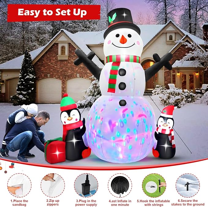 6 FT Christmas Inflatable Snowman Outdoor Decoration with Build-in Multicolor LEDs, Snowman with 2 Penguins Gift Blow Up Inflatables Christmas for Yard Garden Lawn Xmas Holiday Decor