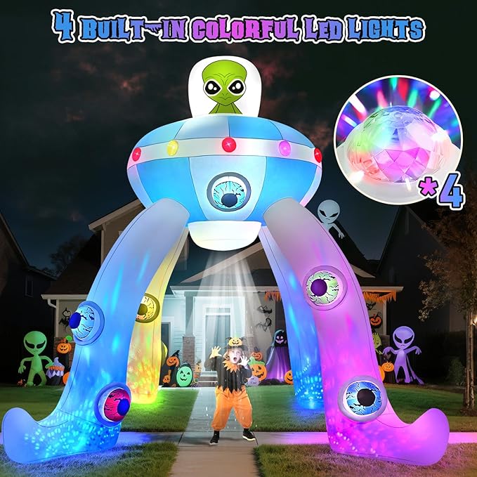 Kalolary 12FT Halloween Inflatables Archway UFO Alien, Giant Alien Arch Inflatable with Build-in Colorful Flashing Lights Scary Halloween Outdoors Blow Up Decoration for Yard Garden Lawn Indoor Decor