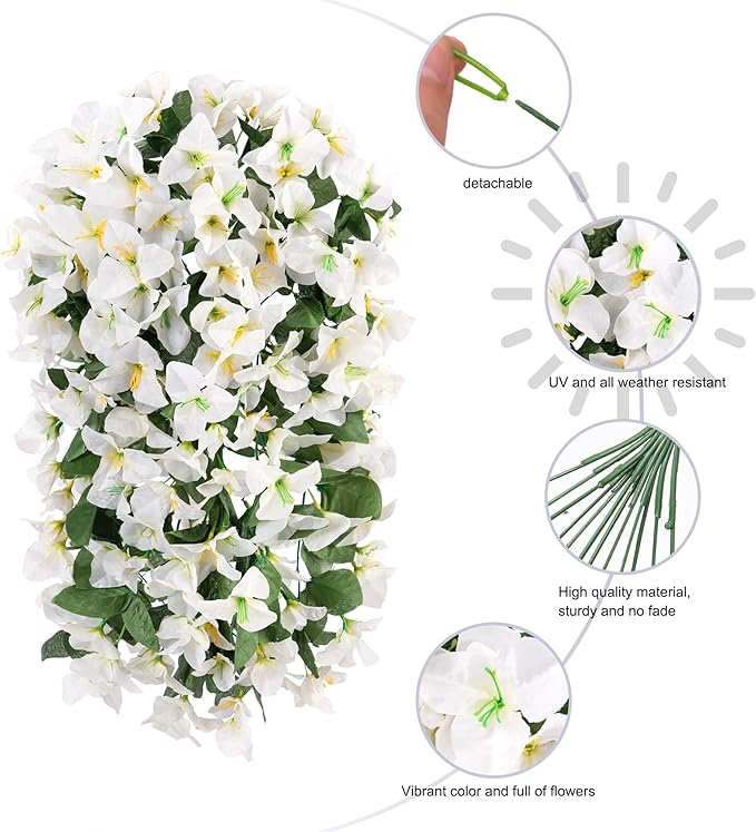 Artificial Faux Bougainvillea Flowers Plants for Outdoor Outside Summer Decoration, 2 PCS Fake Silk UV Resistant Look Real Long Trailing Vines for Front Door Porch Planter Urn Patio Balcony, White