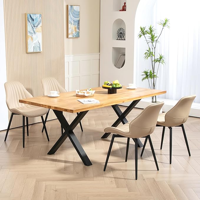 Finnhomy Dining Chairs Set of 2, Mid-Century Modern Upholstered Dining Chairs, Armless Faux Leather Accent Chairs with Backrest, Living Dining Room Chairs with Metal Legs for Dining Room, Khaki