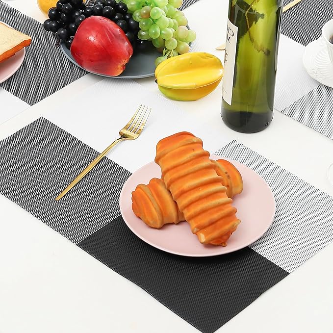 Leetaltree Gray with White Grid Pattern Placemats Set of 6 - Heat Resistant Non-Slip Place mats for Dining Table, Washable Durable PVC Vinyl Woven Table Mats(Grey Grid, 6)