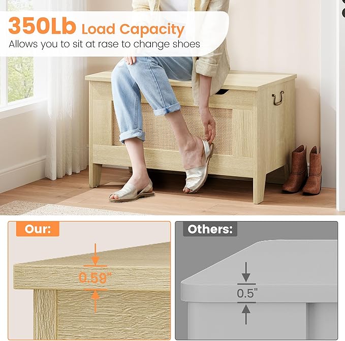 IDEALHOUSE Storage Chest, Rattan Toy Chest, 30" Wooden Storage Bench with Safety Hinge, Blanket Chest, Entryway Bench, Supports 350 lb, Storage Trunk for Living Room, Bedroom, Playroom, Natural Oak