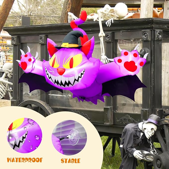 4.5FT Halloween Inflatable Purple Cat, Blow up Halloween Decoration Broke Out from Window Built-in 3 LED for Halloween Decoration Outdoor Indoor Home Party Supplies Halloween Lawn Decor