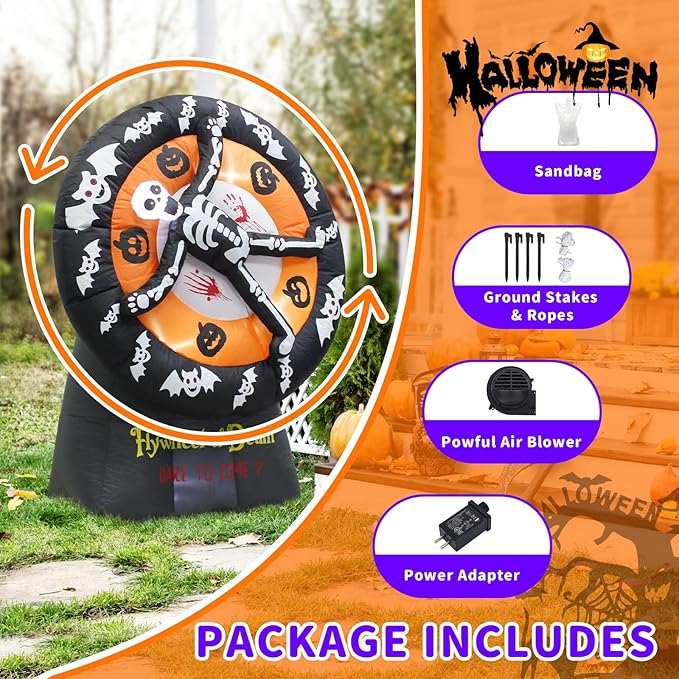 5FT Halloween Day of The Dead Skull Ghost Death Flywheel Inflatable Outdoor Decoration with Built-in LED for Indoor Party Garden Lawn Decoration