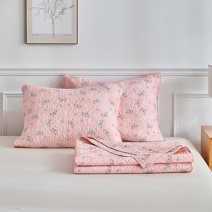 mixinni 3 Pieces Queen Size Comforter Set, Vibrant Colors Pink Floral Bedspread Coverlet Set, Summer Quilted Bed Set for All Season-(Includes 1 Quilt, 2 Pillow Shams)