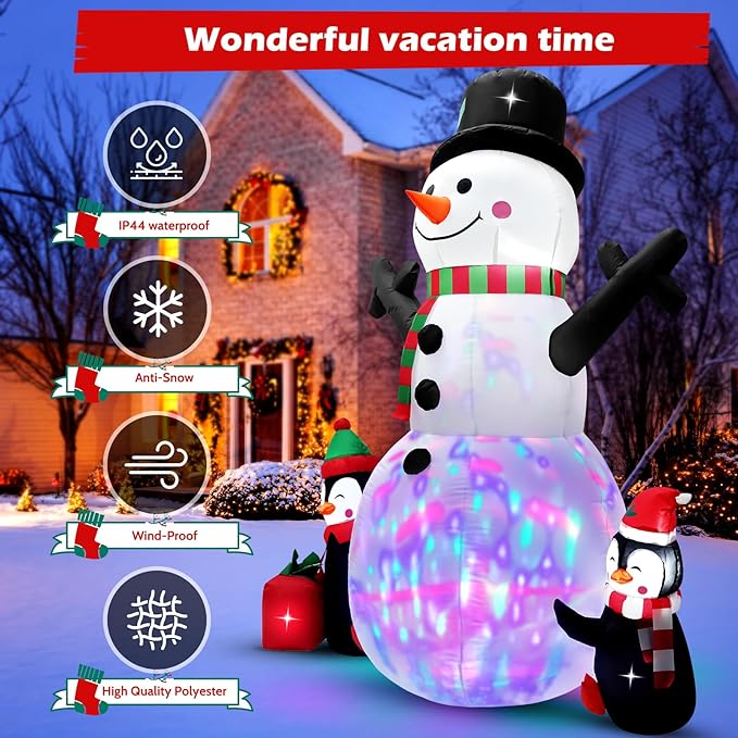 6 FT Christmas Inflatable Snowman Outdoor Decoration with Build-in Multicolor LEDs, Snowman with 2 Penguins Gift Blow Up Inflatables Christmas for Yard Garden Lawn Xmas Holiday Decor