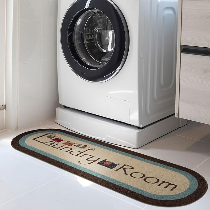 Ottomanson Laundry Collection Non-Slip Rubberback Bordered Design 2x5 Laundry Room Runner Rug, 20" x 59" Oval, Beige