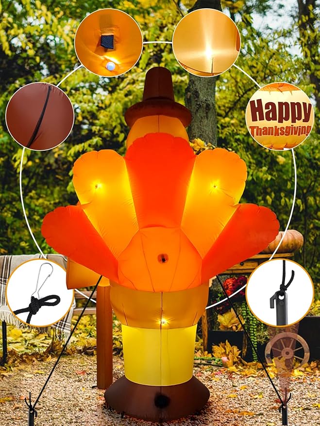 9FT Thanksgiving Turkey Inflatable with LED Light, Kalolary Fall Turkey Blow up Inflatable Happy Thanksgiving Day Outdoor Decoration Autumn Lawn Yard Inflatable for Harvest Day Home Thanksgiving Party