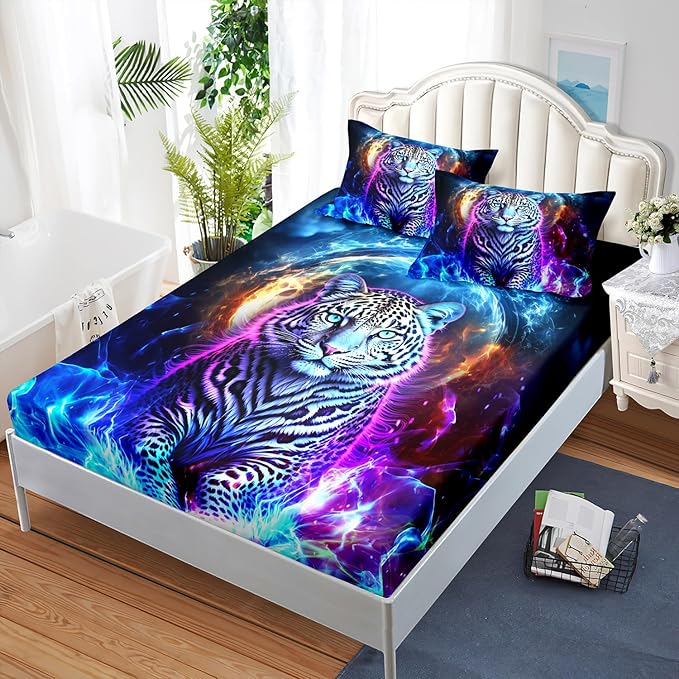 AILONEN Leopard Fitted Sheet Set Queen Size, Boys Blue Smoky 3 Pieces Printed Cheetah Bed Sheet Set,Wildlife Fitted Sheet with 2 Pillowcases