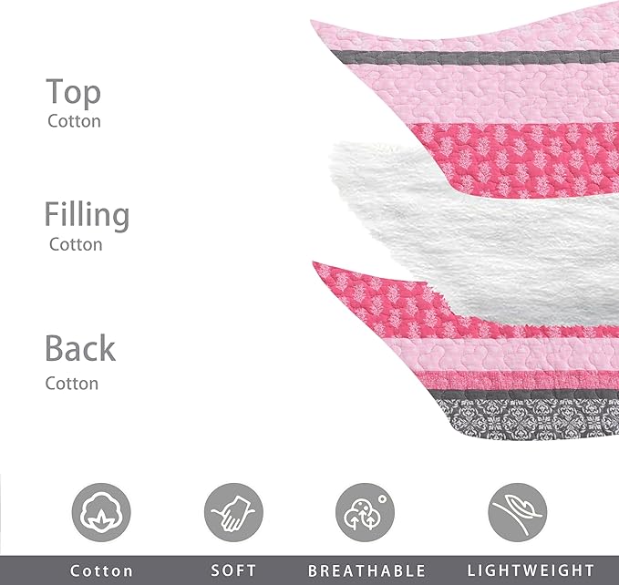 Homzard King Size Comforter Set, Cotton Quilt, Hot Pink Grey Bedding Set,Lightweight Striped Bedspread, Reversible Coverlet King Size (106"X98") with 2 Pillow Shams All Season