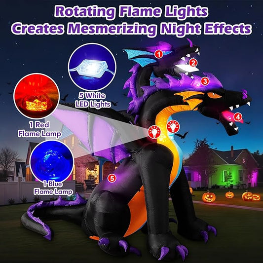 MICOCAH Halloween Inflatables 7 FT Tall Giant 2 Headed Dragon Outdoor Decorations, Built-in Flashing LEDs Scary Blow Up Yard Decoration Outside for Lawn Entrance Indoor Party Garden Inflated Décor