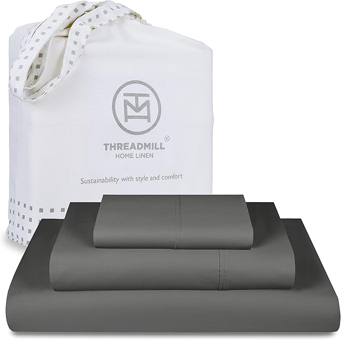 Threadmill Luxury 800 Thread Count 100% Cotton Sheets - Dark Grey Sateen Weave Twin Size Bed-Sheets, Better Than Egyptian Cotton,3 Pc Solid Soft Bedding Set, Fits 15" Deep Pocket