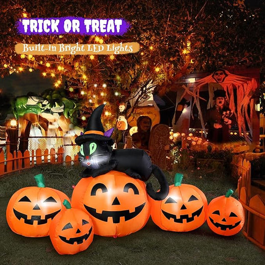 5FT Halloween Inflatable Pumpkin Outdoor Decoration, Lighted Blow Up Yard Decor, 5PCS Pumpkins with Witch’s Black Cat Built-in LED Lights for Balcony Home Holiday Party Lawn Patio Outside Events Prop