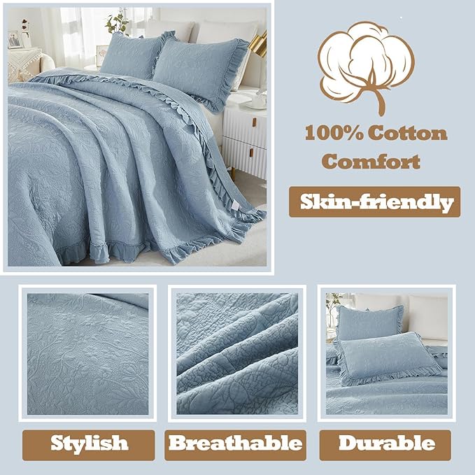 Brandream Queen Size Quilt Set Cotton Shabby Chic Bedding Light Blue Floral and Vine Matelasse Coverlet Set Ruffle Bedspreads 3-Piece