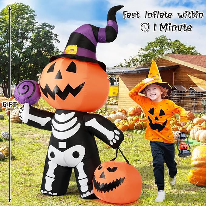 GOOSH 6 FT Halloween Inflatable Pumpkin Skull Body Outdoor Decorations Blow Up Yard Pumpkin with Built-in LEDs for Garden Lawn Party Decor