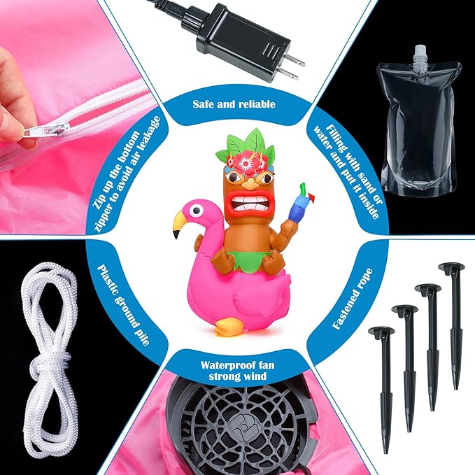 Shappy 5 ft Inflatable Tiki Flamingo Surfboard Luau Hawaiian Party Decorations Summer Inflatables Outdoor LED Lighted Tiki Blow up Beach Tropical Pool Surfing Yard Party Supplies Favors(Delicate)