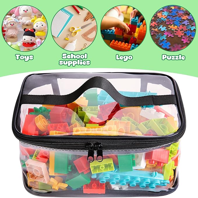 4 Packs Clear Toy Storage Bags- 9.4 x 6.7 x 4.3 Inch Transparent PVC Toy Organizing Bags with Zipper- Waterproof Toy Storage Organizer Pouch for Building Blocks, Small Toys (Black)