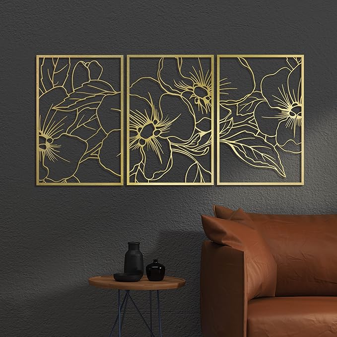 Vivegate Gold Minimalist Floral Single Line Metal Wall Art Decor - 18"X12" 3 Packs Gold Floral Abstract Minimalist Lines Wall signs for Hanging home wall decor