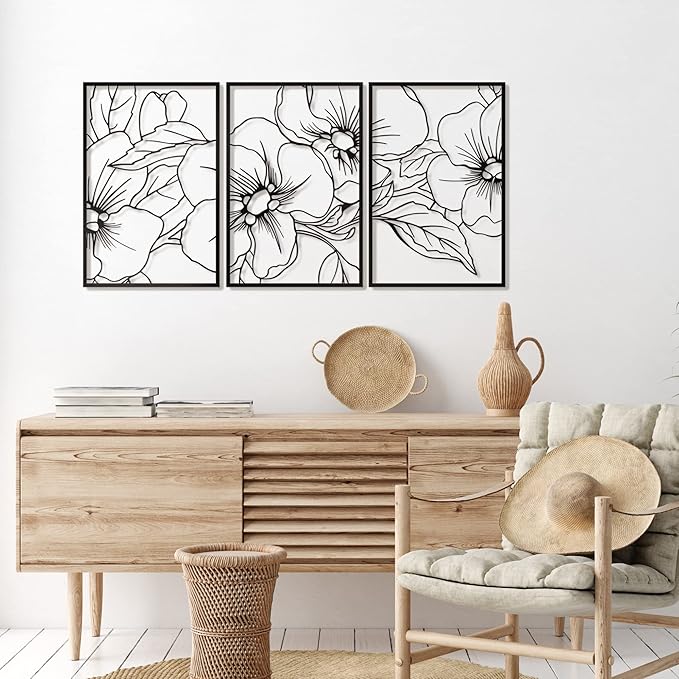 Vivegate Black Minimalist Floral Single Line Metal Wall Art Decor - 18"X12" 3 Packs Black Floral Abstract Minimalist Lines Wall signs for Hanging home wall decor