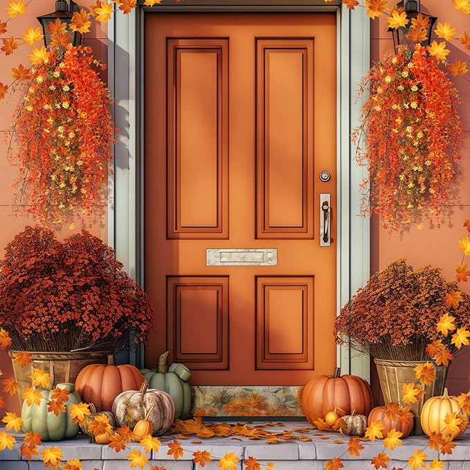 6 Pcs Artificial Fall Hanging Flowers Outdoor Silk Mum Plants Autumn Decor Faux Violet with Eucalyptus Realistic UV Resistant Trailing Vine Thanksgiving Porch Yard(Vivid Color,Eucalyptus)