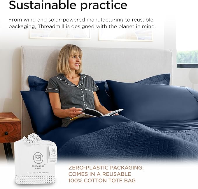 Threadmill Luxury 800 Thread Count 100% Cotton Sheets - Sateen Weave Twin XL Bed-Sheets, Better Than Egyptian Cotton,3 Pc Solid Soft Bedding Set (Folkstone Blue), Fits 15" Deep Pocket