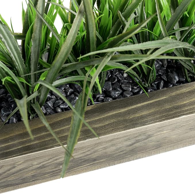 MyGift Large Artificial Green Grass Plants Potted in 14 Inch Vintage Weathered Gray Solid Wood Rectangular Planter Box, Decorative Tabletop Faux Greenery Centerpiece Décor