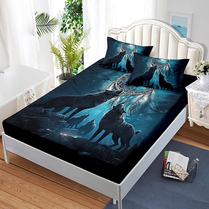 AILONEN Howling Wolf Fitted Sheet Set Twin XL Size, 3 Pieces Teen Boys Bedding Set Safari Animal Themed Sheet Set,Dreamcatcher Bed Sheet Set Evening Forest Wolf Fitted Sheet with 2 Pillowcases