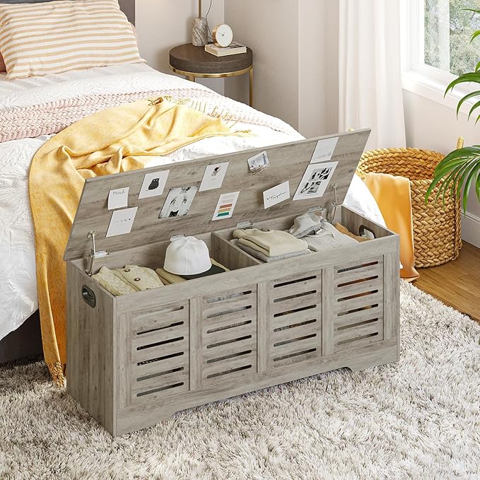 DINZI LVJ Storage Chest, 47.3” Wooden Toy Box with 2 Safety Hinges, Retro Entryway Shoe Storage Bench with Flip-Top, Sturdy Large Storage Trunk for Living Room, Bedroom, Easy Assembly, Gray Wash