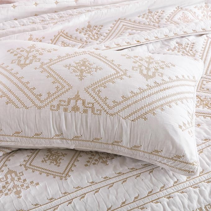 mixinni 3 Pieces Queen Size Comforter Set Gold Embroidery Pattern Printed Soft Cotton White Quilt Set-Queen Size