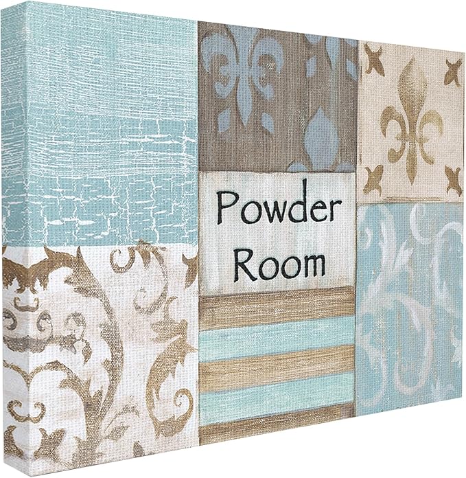 Stupell Industries Fleur de Lis Powder Room Blue, Brown and Beige Bathroom Canvas Wall Art, 24x30, Multi-Color,wrp-930_cn_24x30