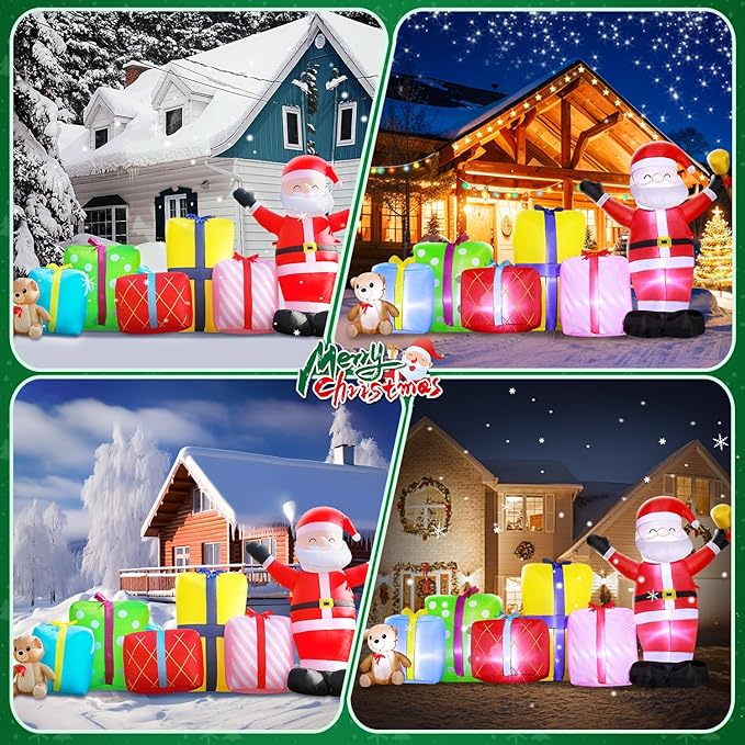 DomKom 8FT Christmas Inflatables Outdoor Decoration, Blow up Gift Boxes Santa Claus Build-in LED Lights for Party Lawn Holiday Winter Decor