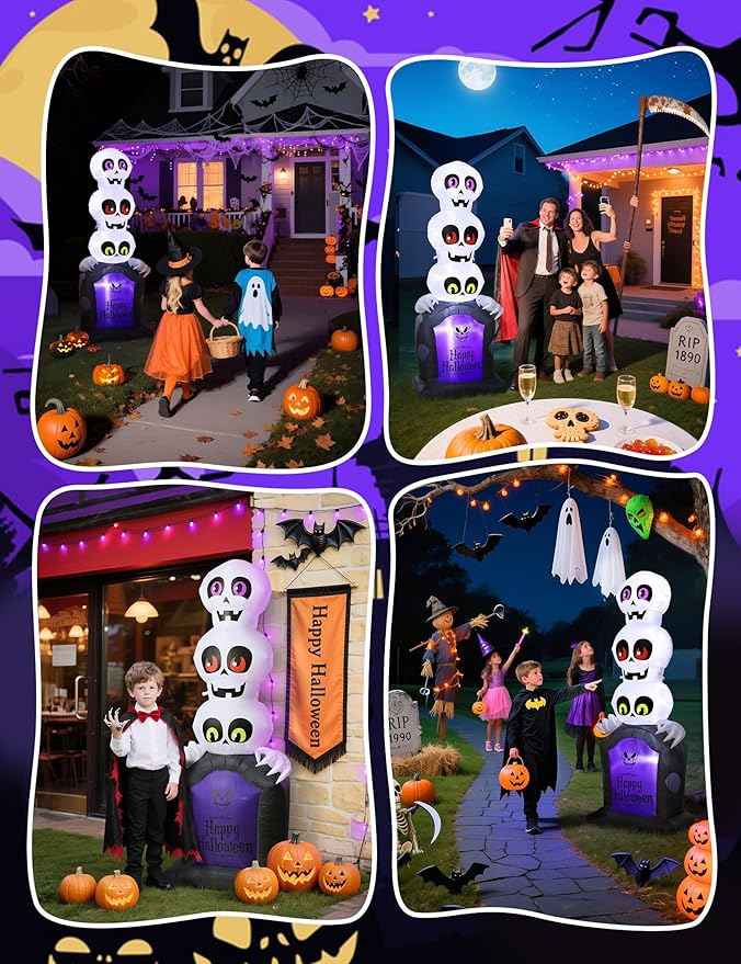 Halloween Inflatables Outdoor Decoration, Pumpkin/Tombstone/Black Cat/Ghost Tree, Cute Blow Up Yard Decor, for Outside Garage Door Graveyard Yard Porch Lawn (6.5FT Ghost+Tombstone)