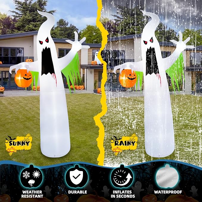 B&D 13FT Halloween Inflatables Outdoor Decorations, Giant White Ghost Inflatable Halloween Decorations Built-in Red LED Flame Light Halloween Blow up Inflatable Ghost for Party Yard Garden Lawn Decor