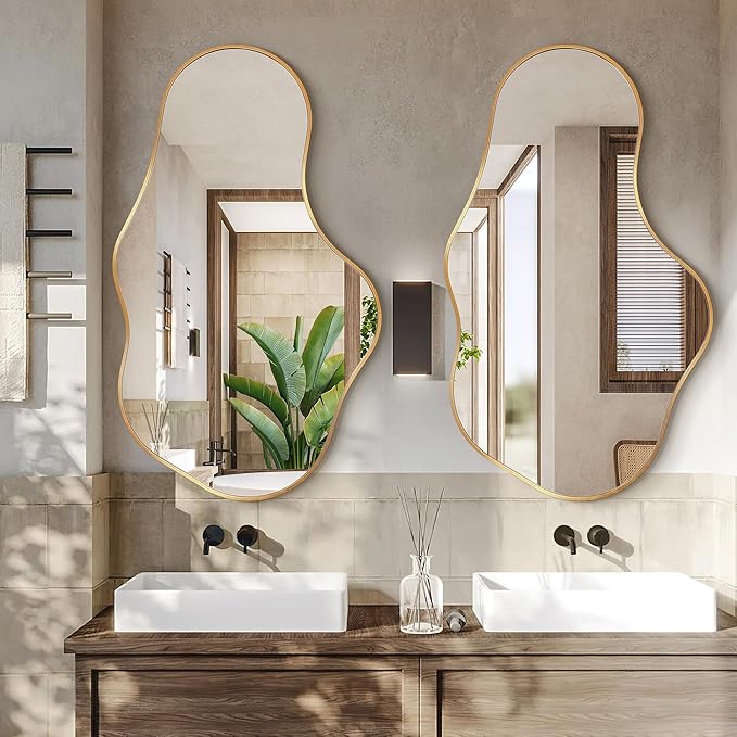 Irregular Wall Mirror - Wall Mirrors Decorative 26"x 43" Asymmetrical Abstract Mirror Aviation Aluminum Alloy Frame Unique for Bathroom, Bedroom, Living Room, Cloakroom, Entryway Gold