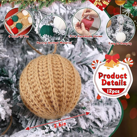 12 Pcs Handcrafted Christmas Crochet Ball Ornaments Christmas Knitted Ornaments Neutral Decoration for Xmas Tree Festival Wreath Garland Decor