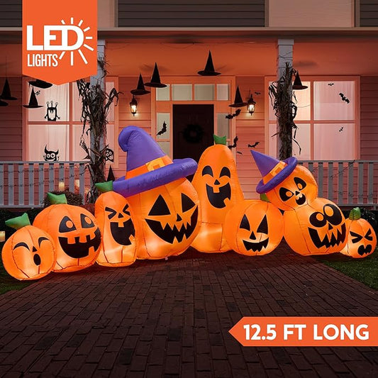 Joiedomi 12.5 FT Halloween Inflatable Pumpkin Outdoor Decorations, Blow Up Yard Decorations with Witch Hat, 9 Pcs Blow Up Pumpkin Inflatable with Built-in LEDs for Halloween Decor